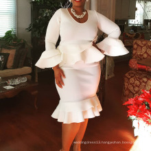 White O Neck Flare Sleeve Peplum Flounce Plus Size Lady Career Dresses